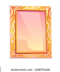 Royal mirror in golden frame isolated on white background. Vector cartoon vintage rectangle mirror with luxury floral ornament on gold border. Majestic decoration for bedroom interior