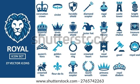 Royal monarchy and medieval heraldry solid icon set containing 27 vector icons. Features crowns shields scepters castles thrones lions fleur-de-lis and royal regalia for history and fantasy projects.