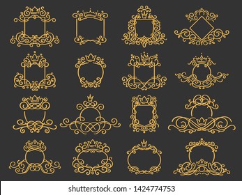 Royal monogram frame. Hand drawn crown emblem, vintage doodle sketch sign and elegant monograms. Decorative antique boutique signage border or floral ornament gold logo. Isolated vector symbols set