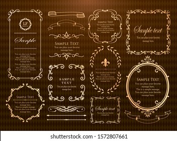 Königlicher Monogramm-Rahmen. Handgezeichnetes Kronenemblem, Vintage-Doodle-Skizze-Zeichen und elegante Monogramme. Dekorative antike Boutique-Beschilderung Grenze oder florales Ornament Gold Logo. Symbolsatz für einzelne Vektorillustrationen