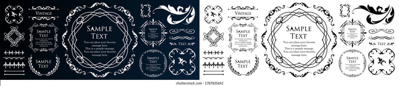 Marco monográfico real. Emblema de la corona dibujado a mano, símbolo de dibujo de doodle vintage y elegantes monogramas. Borde decorativo de señalización boutique de época o logotipo de oro adorno floral. Conjunto de símbolos vectoriales aislados