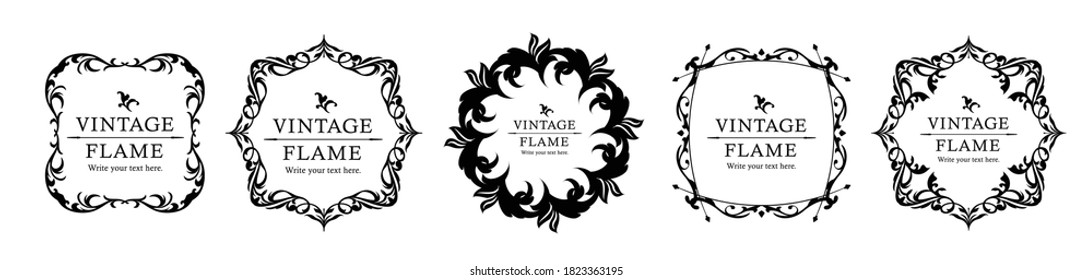 Marco monográfico real. Emblema de la corona dibujado a mano, símbolo de dibujo de doodle vintage y elegantes monogramas. Borde decorativo de señalización boutique de época o logotipo de oro adorno floral. Conjunto de símbolos vectoriales aislados