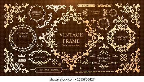 Royal monogram frame. Hand drawn crown emblem, vintage doodle sketch sign and elegant monograms. Decorative antique boutique signage border or floral ornament gold logo. Isolated vector symbols set