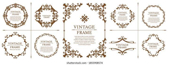 Royal monogram frame. Hand drawn crown emblem, vintage doodle sketch sign and elegant monograms. Decorative antique boutique signage border or floral ornament gold logo. Isolated vector symbols set