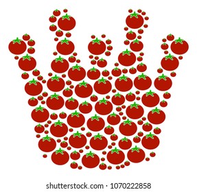 Royal mosaic of tomato in various sizes. Vector tomato items are united into royal figure. Organic vector illustration.