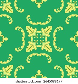 Royal Motif Exquisite Telhas Decoração de Piso Padrão Sem Costura. Estilo Artístico Barroco Rococó com Ouro Real Amarelo sobre Fundo Verde. Elegância Floral de luxo para design grandioso Bordado Interior