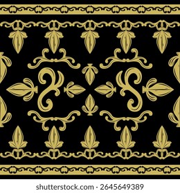 Royal Mystery Elaborate Black Baroque Ornament Seamless Border Pattern. Elaborate Golden Silk Weaves Florals illustration Luxury Wealth Style for Interior Decoration Embroidery Filigree Wallpaper Lace