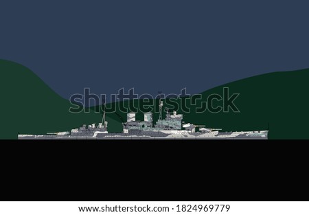Royal Navy Battlecruiser of the second world war in the harbor. HMS Renoun. Vector image for illustrations.