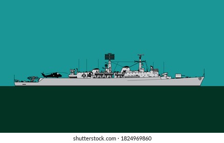 Royal Navy. County-class guided missile destroyer. Navy escort ship. Vector image for illustrations and infographics.