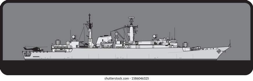 Royal Navy. Type 22 Batch II Broadsword-class frigate. Side view. Vector template for illustration.