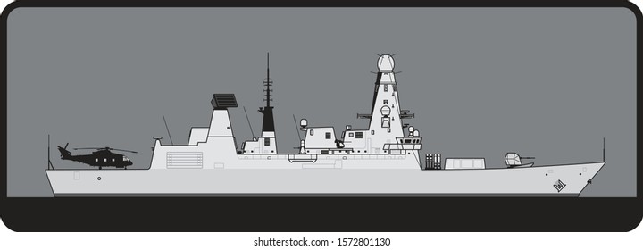 Royal Navy. Type 45 Daring Class Guided Missile Destroyer. Side View. Vector Template For Illustration.