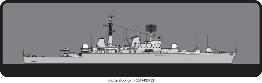 Royal Navy. Type 82 Bristol-class guided missile destroyer. Side view. Vector template for illustration.