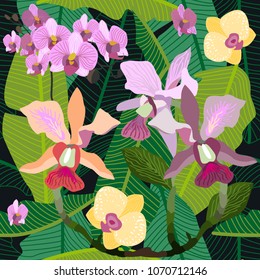 Royal orchids blossom. Seamless botanical pattern with tropical flowers and palm leaves. Trendy design for textile, cards and invitations. On dark green.