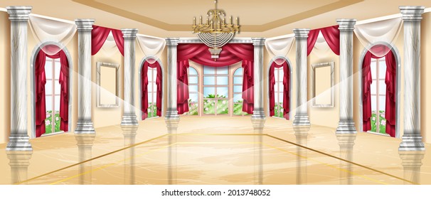 Royal palace ballroom interior background, medieval castle hall, marble pillar, chandelier, window arch. Vintage luxury wedding banquet room, column, floor reflection, curtain. Grand palace ballroom