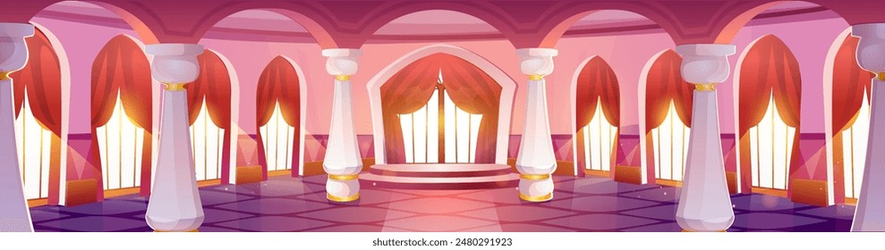 Salón de baile del palacio real con pilares de mármol y cortinas rojas en las ventanas. Ilustración de dibujos animados de Vector de la Grande sala de banquetes con suelo de baldosas y puerta de cristal, restaurante de lujo, diseño interior del castillo