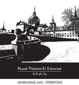 Royal Palace El Escorial, Spain. Vector image in engraving style.