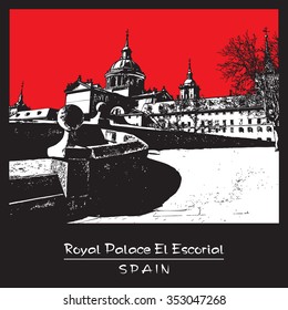 Royal Palace El Escorial, Spain. Vector image in black and white colors with red sky.