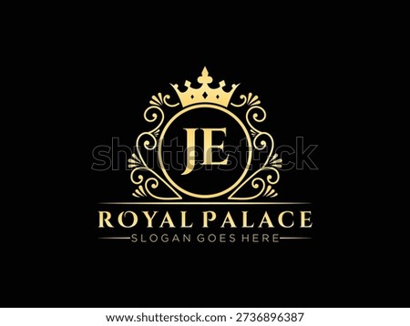 Royal palace emblem luxury logo template with ornate crown and monogram JE. Perfect for invitations, business branding, wedding invitations, and premium brands.