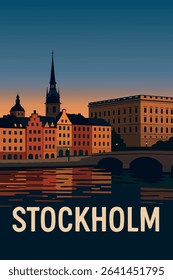 The Royal Palace and Gamla Stan (Old Town) are bathed in soft twilight, with the historic buildings of Stockholm creating a beautiful contrast against the evening sky. 
