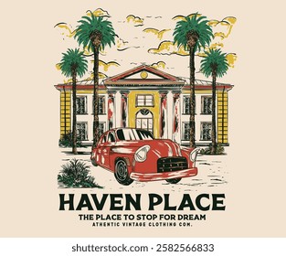 Royal palace hand sketch artwork for t shirt, posters, stickers, background and others. Haven house with date palm tree artwork. Royal palace with vintage car design.