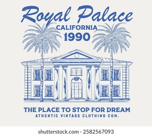 Royal palace hand sketch artwork for t shirt, posters, stickers, background and others. Haven house with date palm tree artwork.