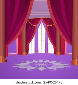 Royal Palace Inside Background Vector, palace Hall background, floor, curtains, pillars, empty castle hall background vector