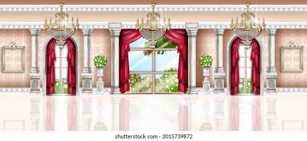 Royal Palace Interior Background, Vector Wedding Banquet Hall, Fairy Tale Ballroom, Arch Window, Pillar. Historical Vintage Apartment Wallpaper, Marble Column, Floor, Chandelier. Rich Palace Interior