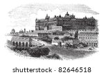 The Royal Palace of Madrid in Spain, during the 1890s, vintage engraving. Old engraved illustration of the Royal Palace of Madrid. Trousset encyclopedia (1886 - 1891).