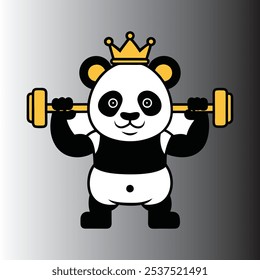Royal Panda with Crown Lifting Barbell Icon Vector for Gym and Workout Themes.