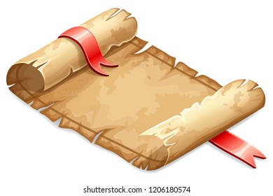 Royal parchment decorated satin ribbon. Paper for message. Isometric vector illustration for computer games and books design.