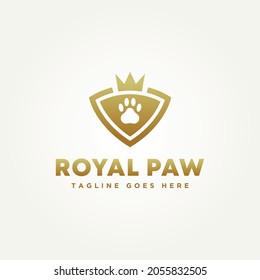 royal paw pet shop minimalist line art logo, paw with golden crown and shield simple modern icon logo vector illustration design