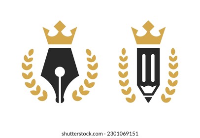 Royal pen and royal pencil. Pen and pencil with crown. Conceptual logo for lawyer, copywriter, writer, stationery, education, school, academy.