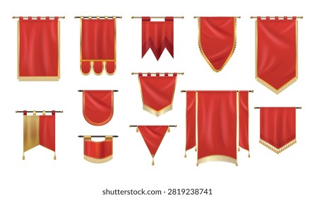Royal pennants. Realistic flag, medieval pennant red castle wall hanging banner silk satin cloth fabric old vertical royalty ensign pendant tassel mockup exact vector illustration