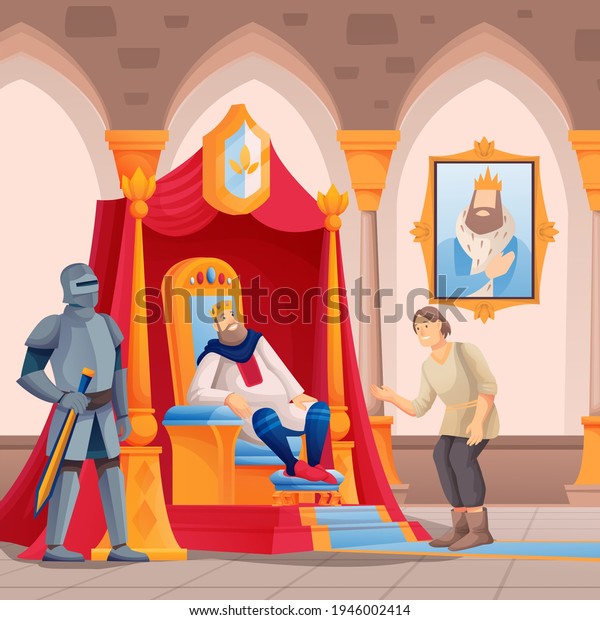 Royal\
people in castle scene. King sitting on throne, knight with sword\
guarding, poor man peasant asking in kingdom chamber vector\
illustration. Hall room interior design\
view.
