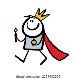 Royal person with a crown and a cloak goes for a walk. Vector illustration of a king in a robe and gold. Funny character isolated on white background.