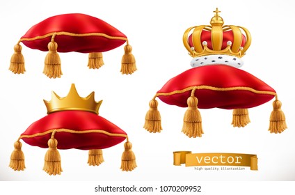 Royal pillow and crown. 3d vector icon set