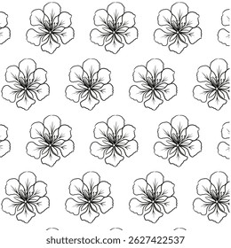 Royal Poinciana or Delonix regia flower Seamless Pattern Hand drawn vector line art, Black and White Flower isolated in white.  Beautiful design for textile, wallpaper, wrapping paper and backgrounds
