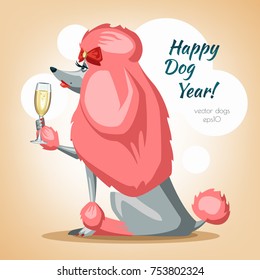 The royal poodle with a glass of champagne celebrates the new year