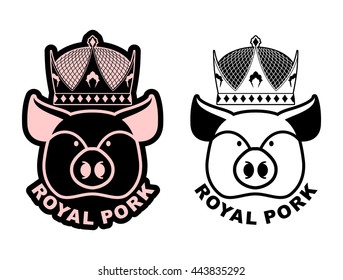 Royal pork emblem. Pig in crown. Logo for farming and meat production. Excellent quality and taste of food. Delicacy for emperor. Royal bacon.
