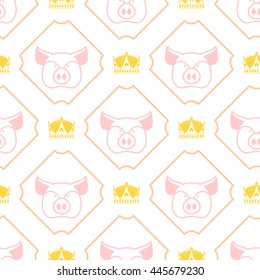 Royal pork seamless pattern. Pig and crown regal background. Farm animal texture