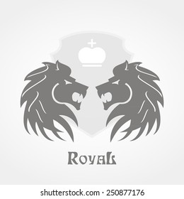 Royal poster with two lion heads in grey color and shield with crown in white background
