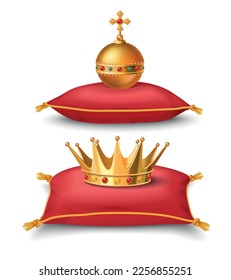 Royal power symbols set with kings crown and orb on red pillow isolated vector illustration