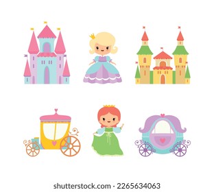 Königliche Prinzessin in hübschem Kleid und Beförderung mit Castle Vector Set