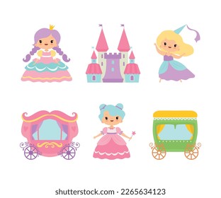 Royal Princess in Pretty Dress and Carriage with Castle Vector Set