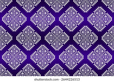 Royal Purple Ethnic Geometric Seamless Pattern. Ideal for fashion, apparel, textiles, and backgrounds, blending traditional motifs with modern pixel art.