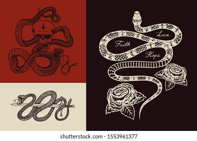 Royal python with a skull, a milk snake with roses, a reptile with a sword. Poisonous Viper template for poster or tattoo. Engraved hand drawn old Vintage sketch for t-shirt or logo. 