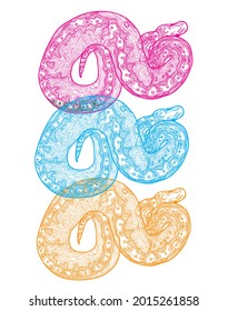 Royal python snake.  Meditative coloring of antistress. Arrows, strips, scales, lines. Logo, print on the T-shirt. Children's painting, drawing by hand. 