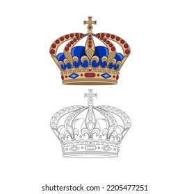 ROYAL QUEEN AND KING CROWN DECORATED WITH PRECIOUS STONES AND GOLD