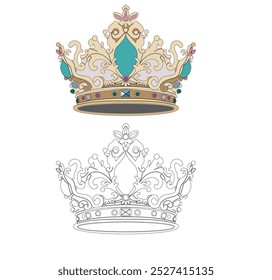 ROYAL QUEEN AND KING CROWN DECORATED WITH PRECIOUS STONES AND GOLD