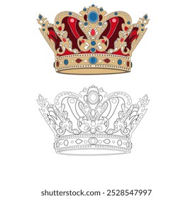 ROYAL QUEEN AND KING CROWN DECORATED WITH PRECIOUS STONES AND GOLD